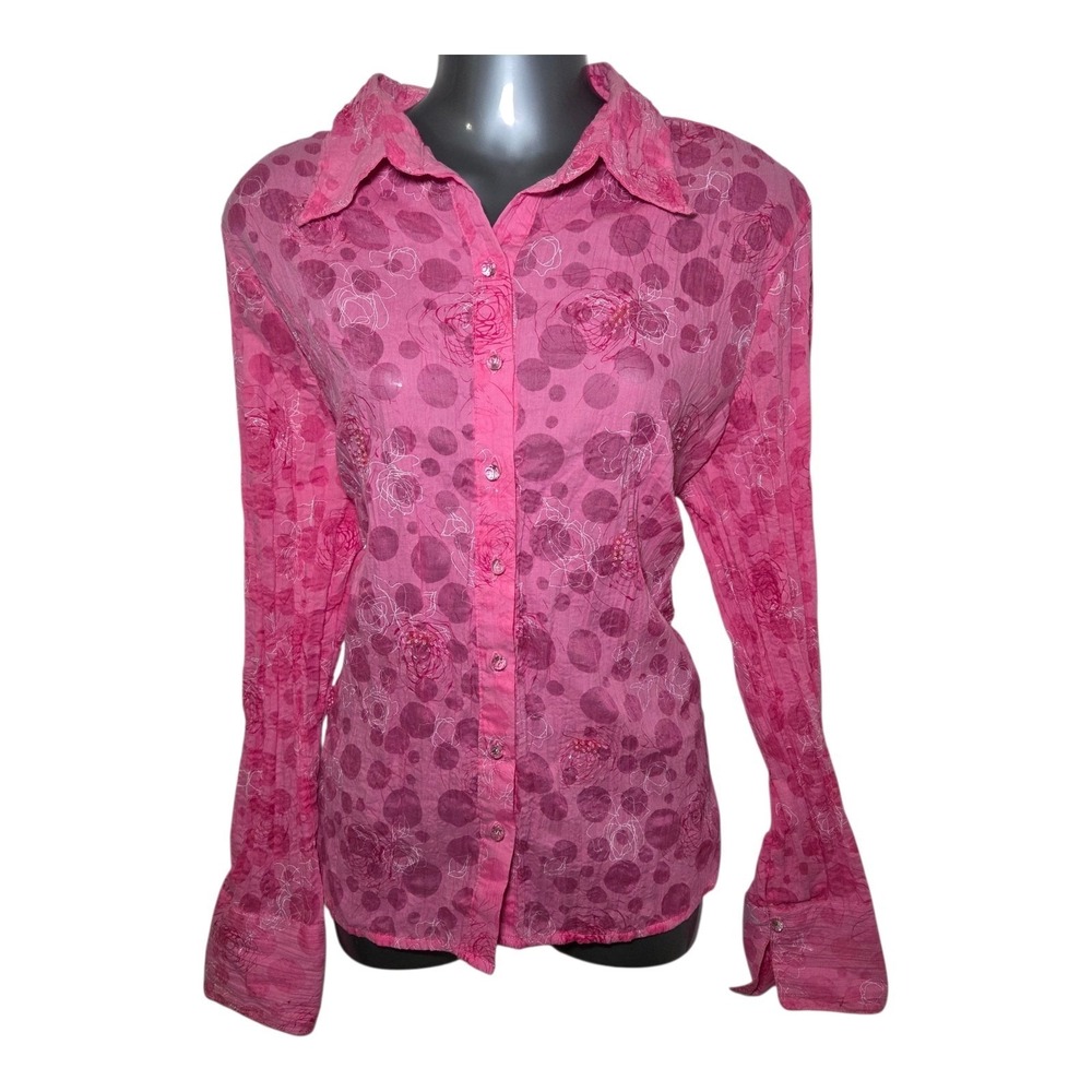 Cato Pink Button Front Blouse Floral Polka Dot Embellished Long Sleeve Burnout L